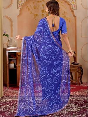 Blue chiffon printed saree with blouse 4