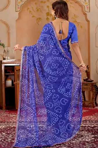Blue chiffon printed saree with blouse