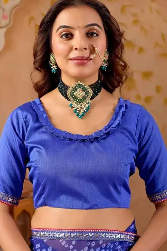 Blue chiffon printed saree with blouse