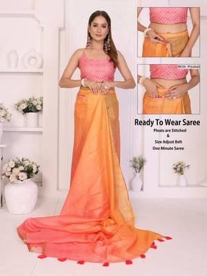 Orange linen printed saree with blouse 2