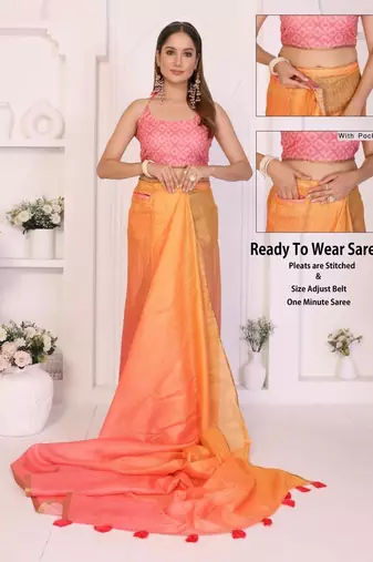 Orange linen printed saree with blouse