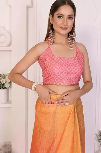 Orange linen printed saree with blouse