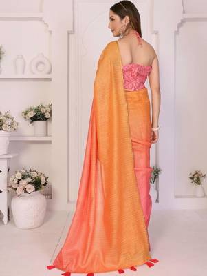 Orange linen printed saree with blouse 5