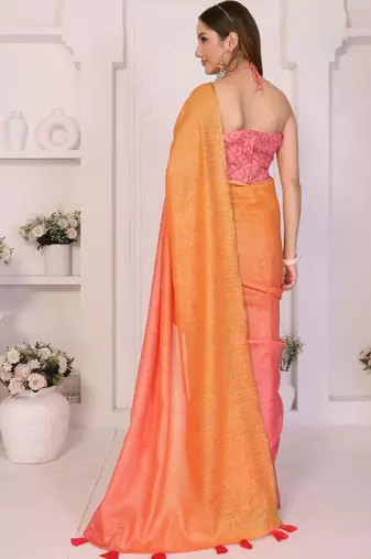 Orange linen printed saree with blouse