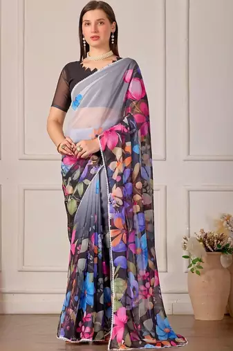 Multicolor pure georgette printed saree with blouse
