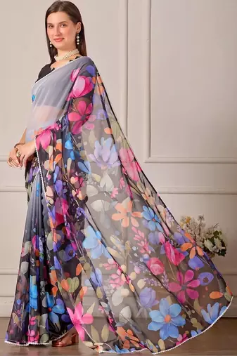 Multicolor pure georgette printed saree with blouse