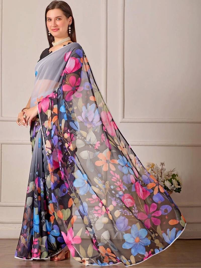 Multicolor pure georgette printed saree with blouse