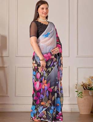 Multicolor pure georgette printed saree with blouse 3