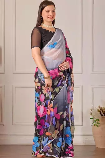 Multicolor pure georgette printed saree with blouse