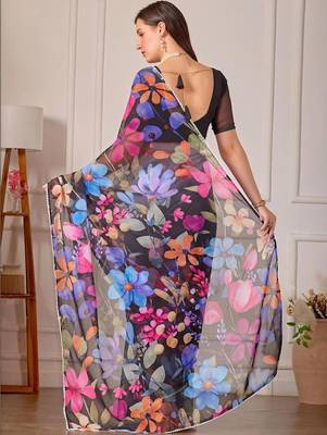 Multicolor pure georgette printed saree with blouse 4
