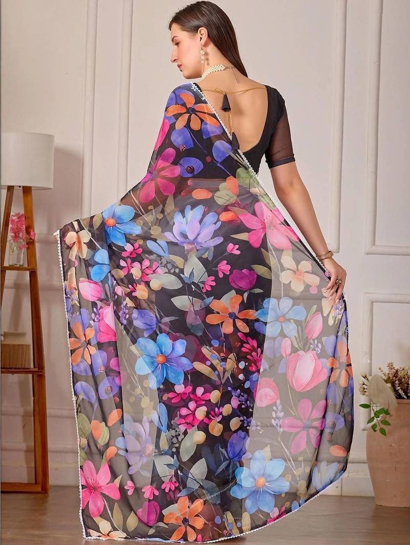 Multicolor pure georgette printed saree with blouse