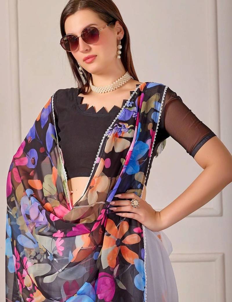 Multicolor pure georgette printed saree with blouse