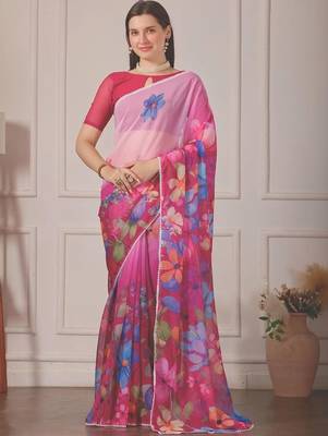 Pink pure georgette printed saree with blouse 1