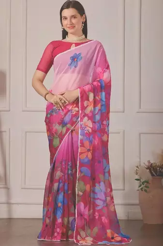 Pink pure georgette printed saree with blouse