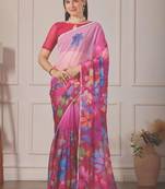 Pink pure georgette printed saree with blouse
