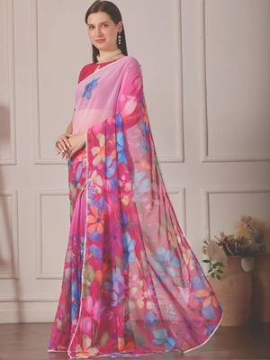 Pink pure georgette printed saree with blouse 2