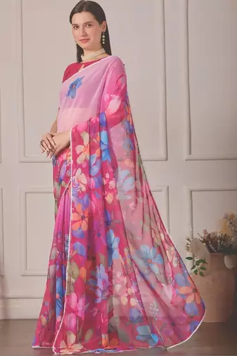Pink pure georgette printed saree with blouse