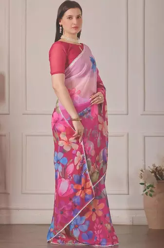 Pink pure georgette printed saree with blouse