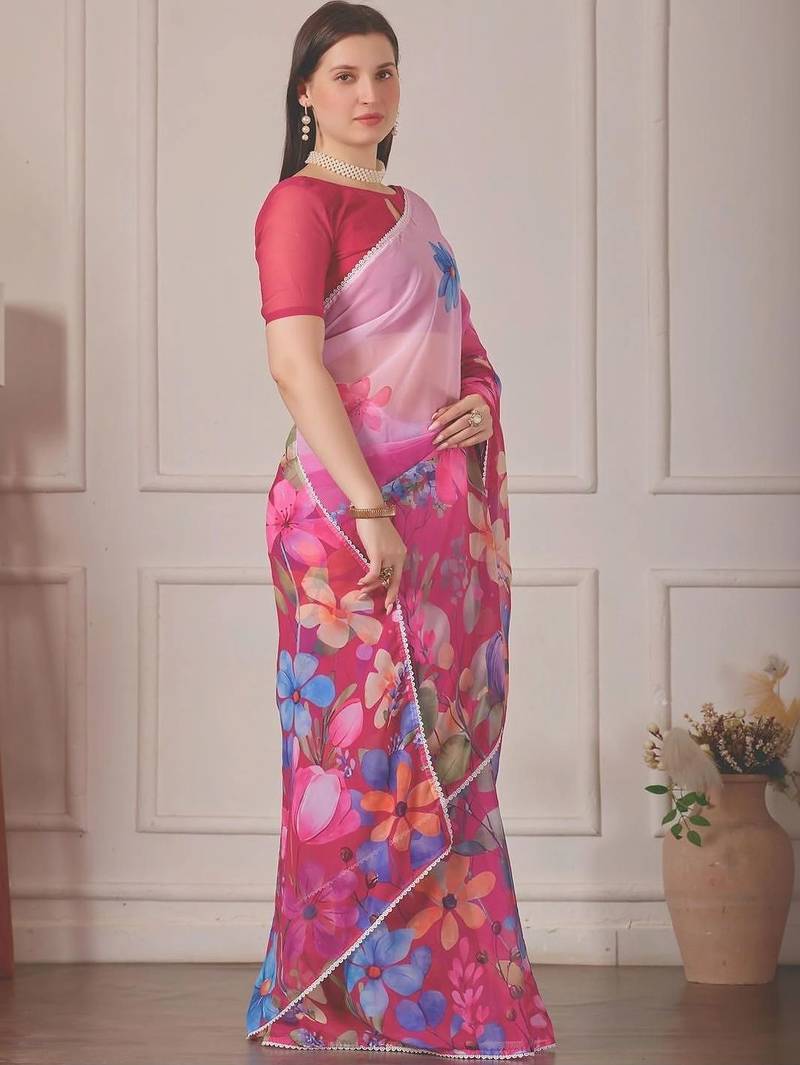 Pink pure georgette printed saree with blouse