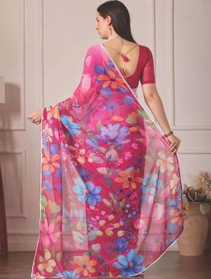 Pink pure georgette printed saree with blouse 4