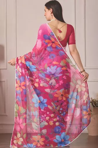 Pink pure georgette printed saree with blouse