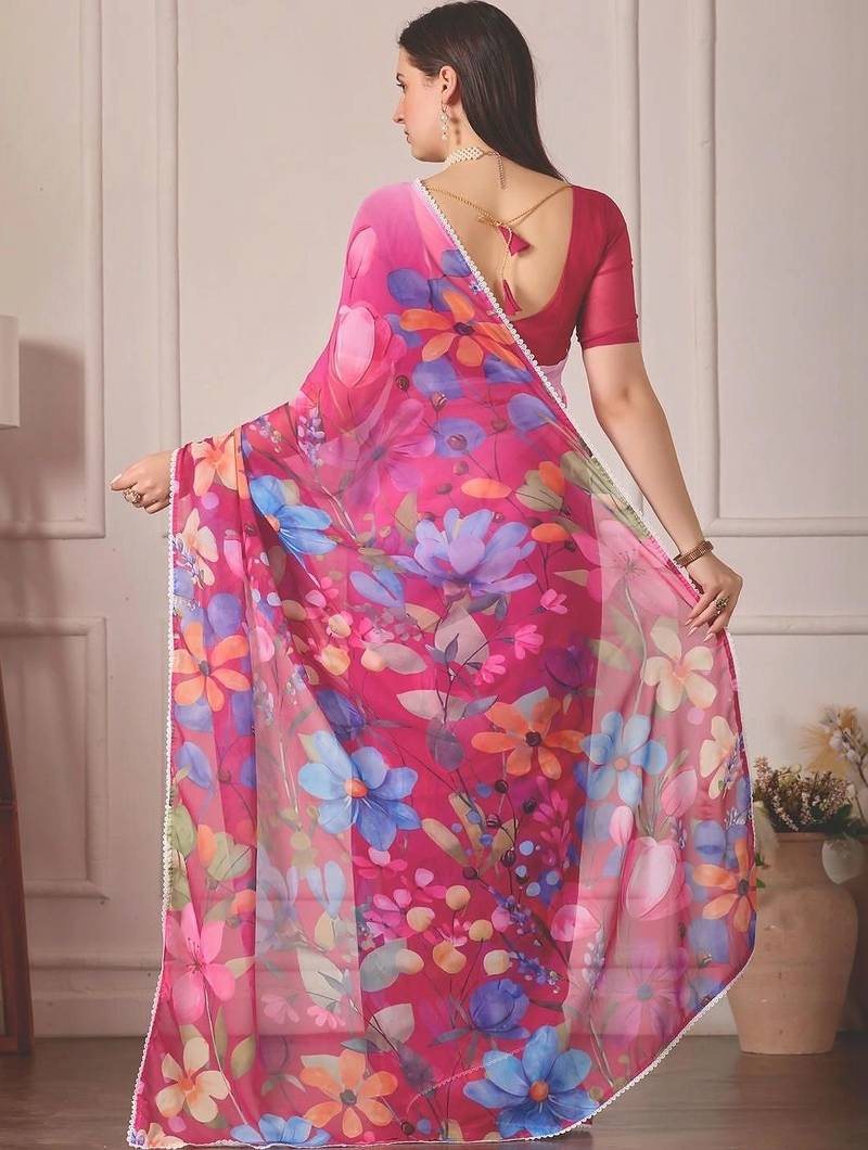 Pink pure georgette printed saree with blouse