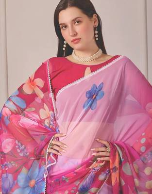 Pink pure georgette printed saree with blouse 5