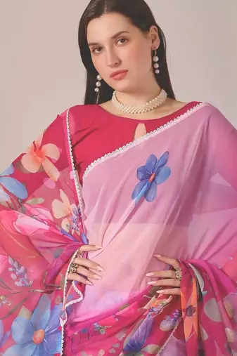 Pink pure georgette printed saree with blouse
