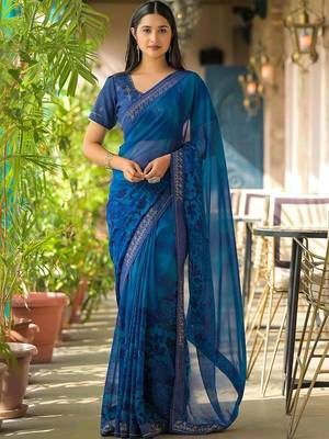 Blue pure georgette printed saree with blouse 1