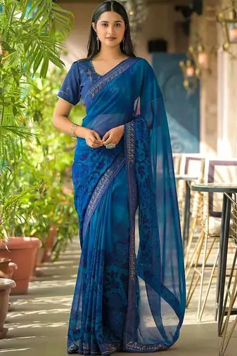Blue pure georgette printed saree with blouse