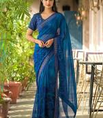 Blue pure georgette printed saree with blouse
