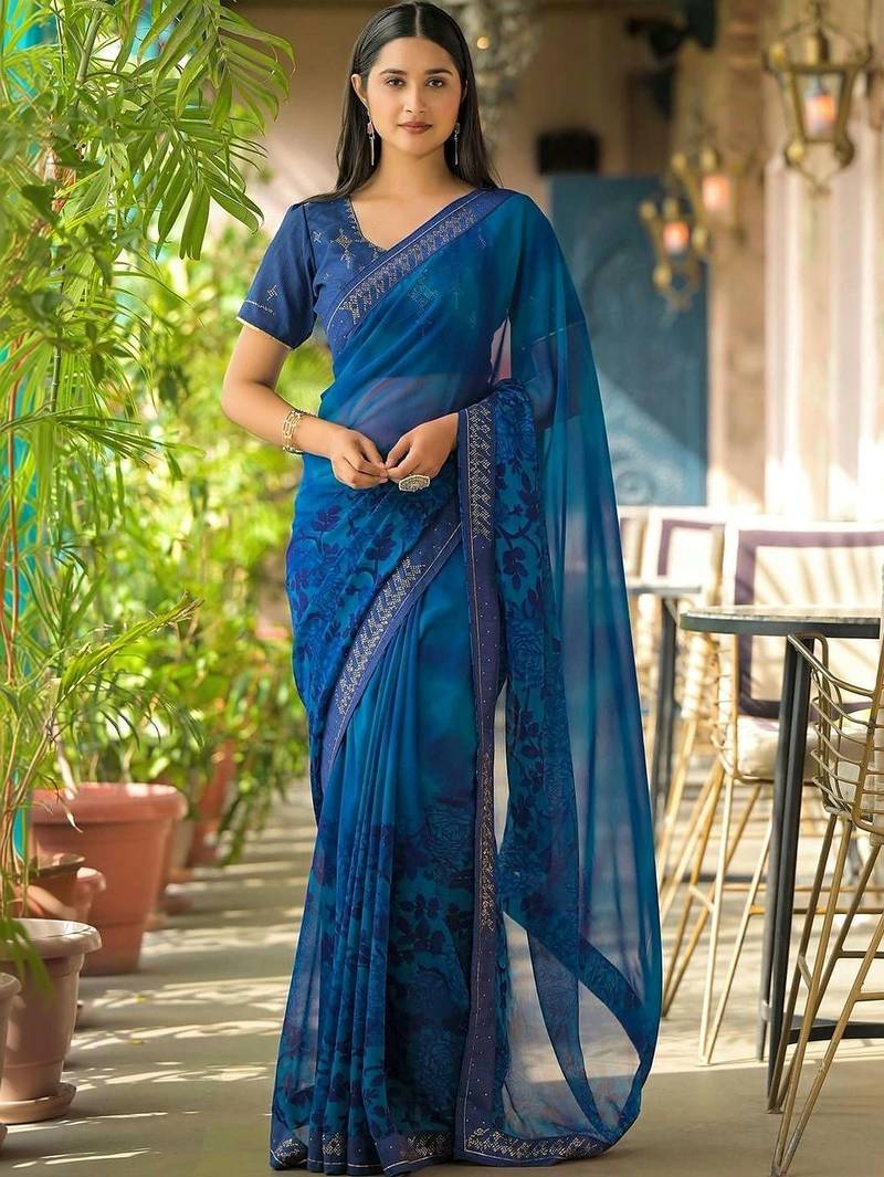 Blue pure georgette printed saree with blouse