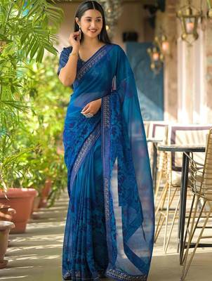 Blue pure georgette printed saree with blouse 2