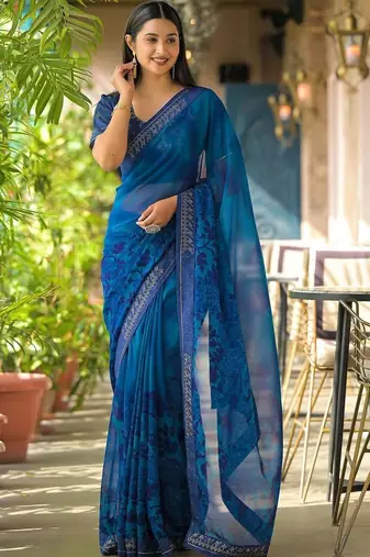 Blue pure georgette printed saree with blouse