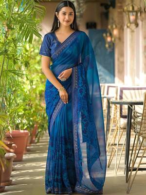 Blue pure georgette printed saree with blouse 3