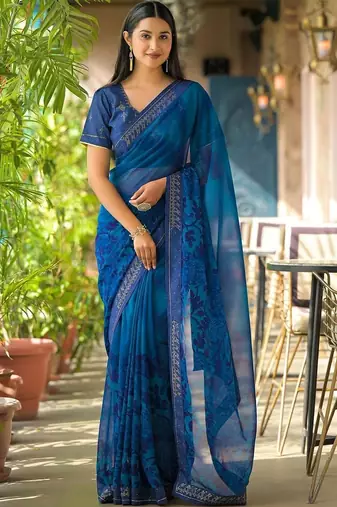Blue pure georgette printed saree with blouse