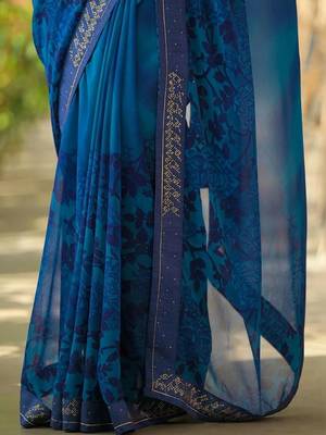 Blue pure georgette printed saree with blouse 4