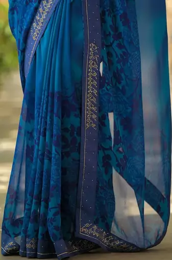 Blue pure georgette printed saree with blouse