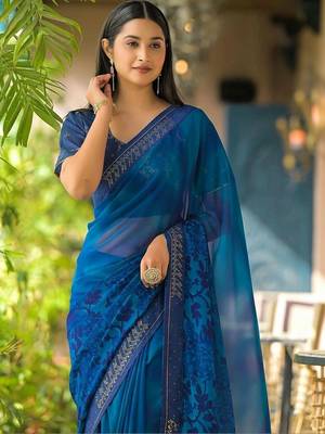 Blue pure georgette printed saree with blouse 5