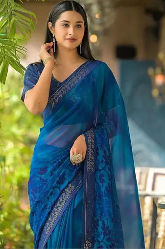 Blue pure georgette printed saree with blouse