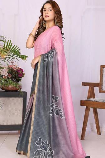 Multicolor linen solid saree with blouse