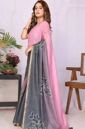 Multicolor linen solid saree with blouse