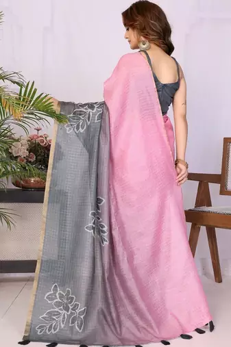 Multicolor linen solid saree with blouse