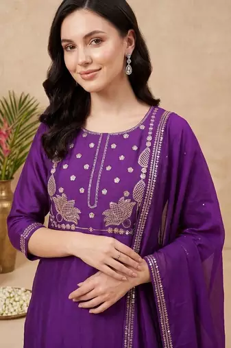 Women Ethnic Motifs Embroidered Regular Liva Kurta with Trousers & With Dupatta