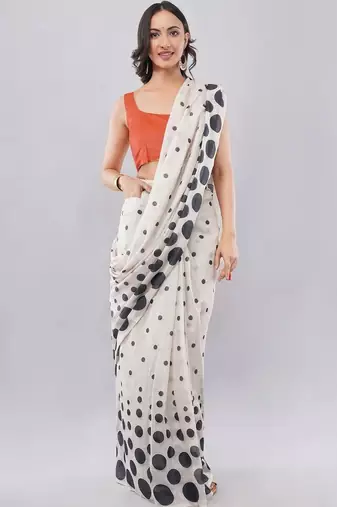 Off white linen printed saree with blouse