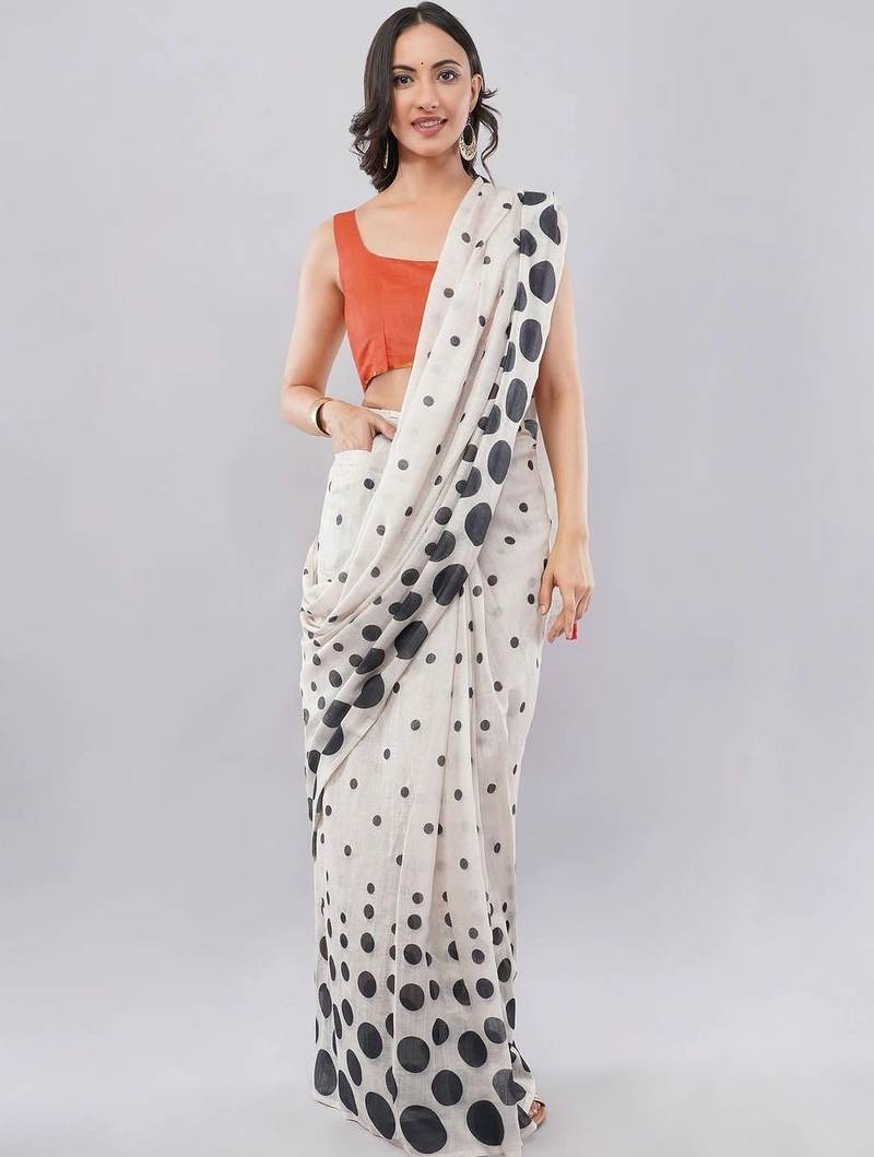 Off white linen printed saree with blouse
