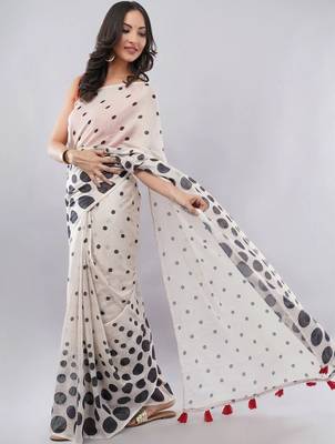 Off white linen printed saree with blouse 2