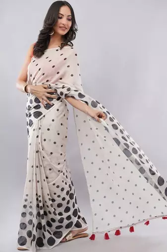 Off white linen printed saree with blouse