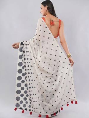 Off white linen printed saree with blouse 3