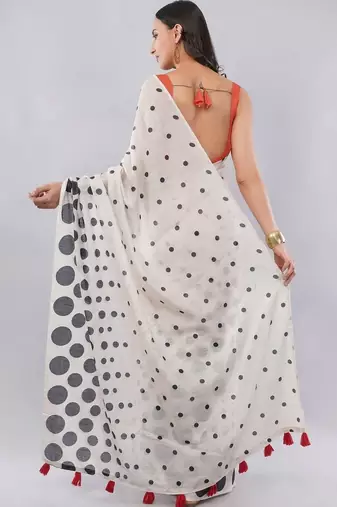 Off white linen printed saree with blouse